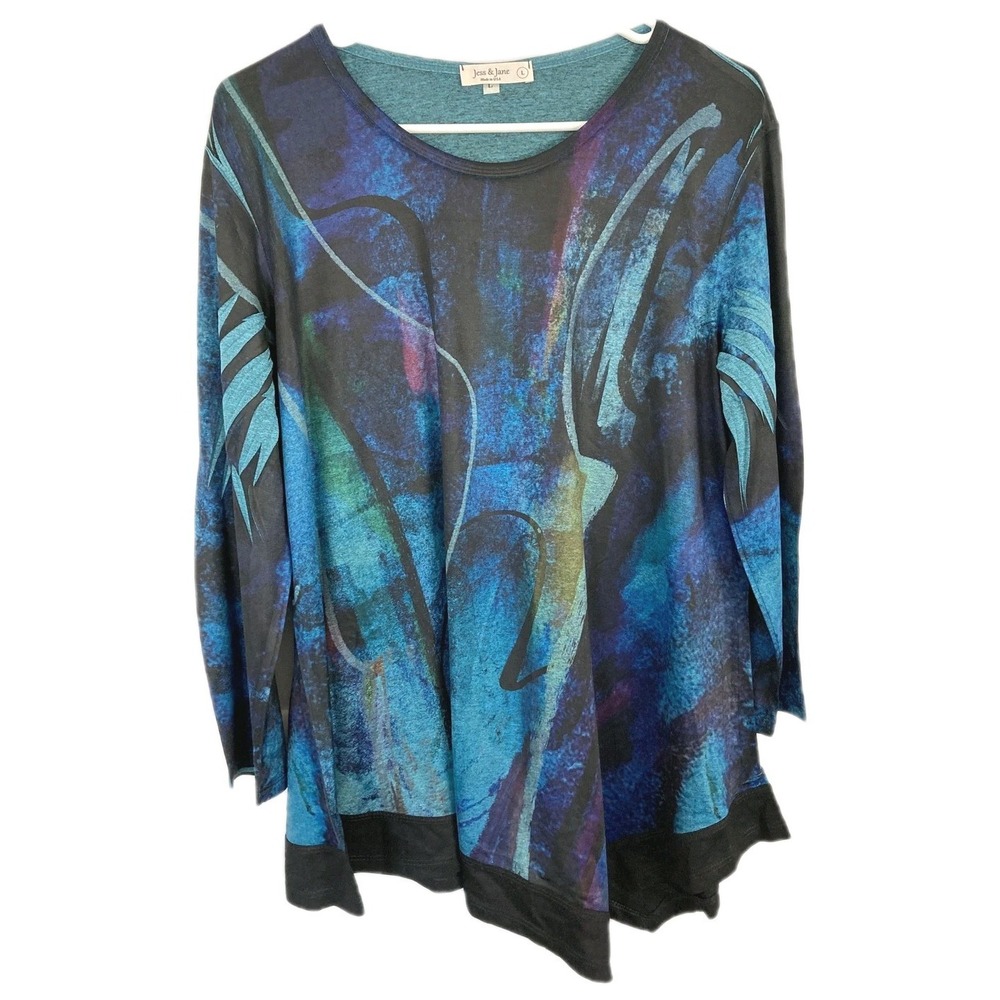 Jess & Jane Tunic Top Women L Blue Abstract Stretch 3/4 Sleeve Asym Hem USA